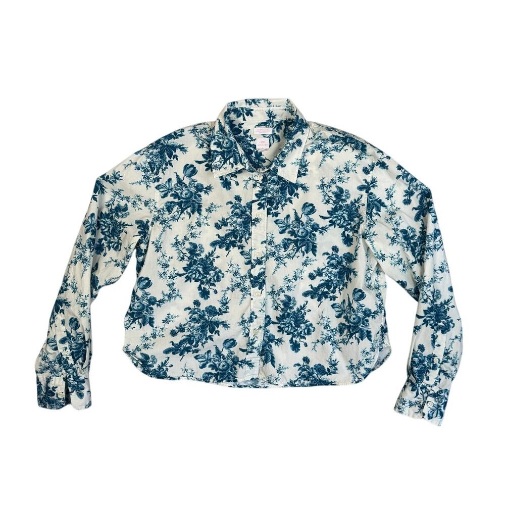 LoveShackFancy Gap Organic Cotton Cropped Floral Button Down Shirt Blue XS